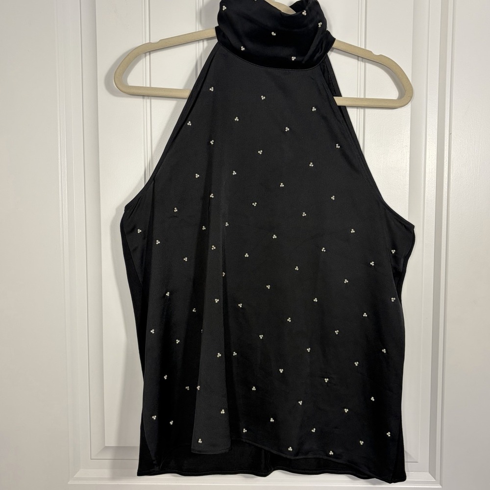Ann Taylor Black Beaded Halter Blouse M Sleeveless Satin Party Top